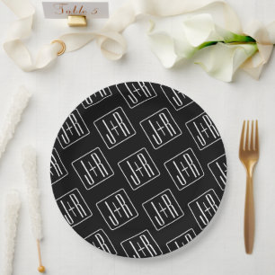 Assiettes En Carton Motif des initiales Mariages modernes   Noir & Bla