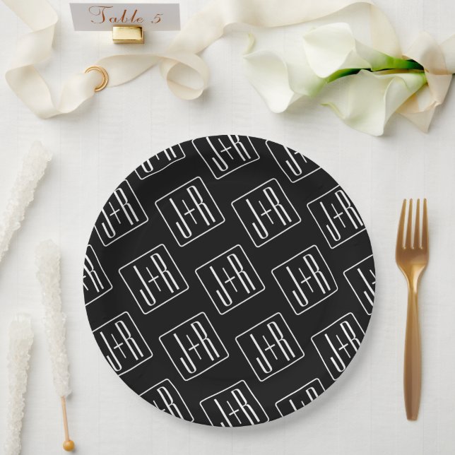 Assiettes En Carton Motif des initiales Mariages modernes | Noir & Bla (Mariage)