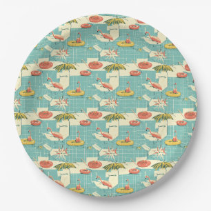 Assiettes En Carton Motif d'été au bord de la piscine aux flamants ros