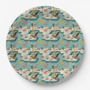 Assiettes En Carton Motif d'été au bord de la piscine rétro flamant ro
