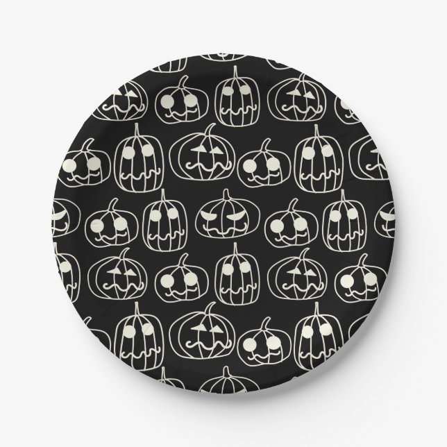 Assiettes En Carton Motif d'Halloween Citrouilles blancs (Devant)
