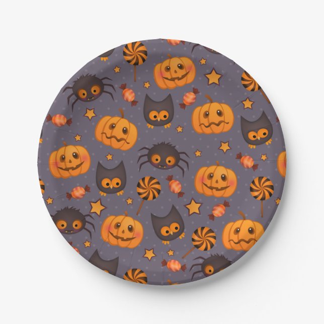 Assiettes En Carton Motif d'Halloween mignon Arrière - plan pourpre (Devant)