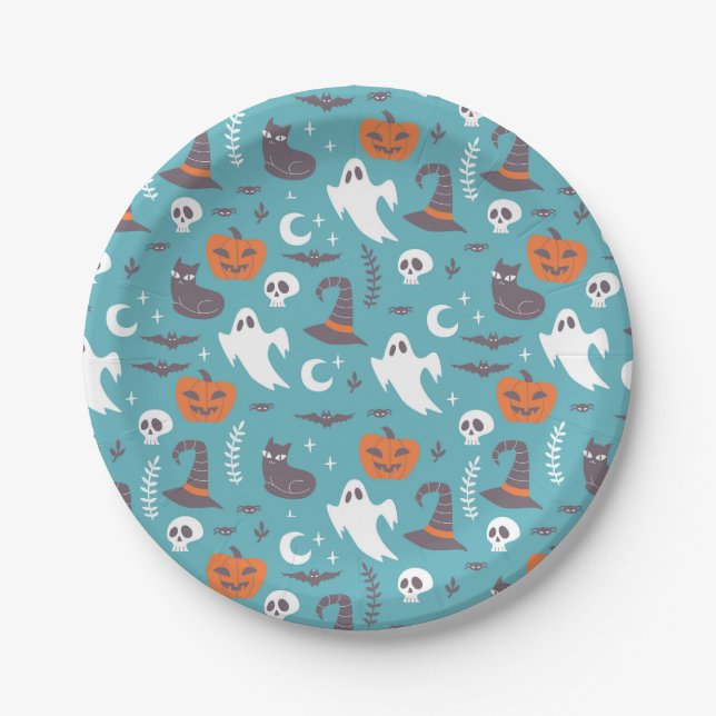 Assiettes En Carton Motif d'Halloween Turquoise amusant (Devant)