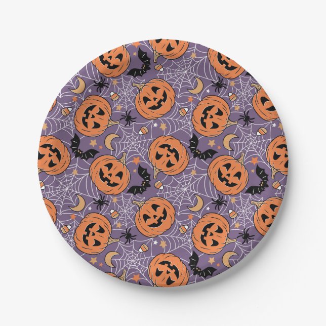 Assiettes En Carton Motif d'Halloween violet Jack-O-lanterne (Devant)