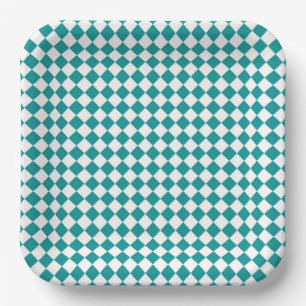 Assiettes En Carton Motif diamant à carreaux blanc et sarcelle