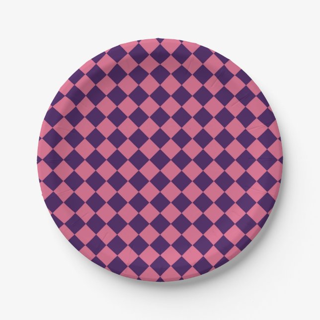 Assiettes En Carton Motif diamant de Checker rose violet (Devant)