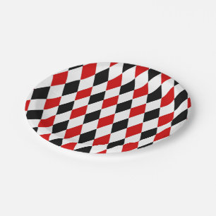 Assiettes En Carton Motif diamant rouge blanc arlequin noir