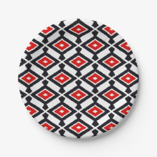 Assiettes En Carton Motif d'Ikat - rouge foncé, noir et blanc