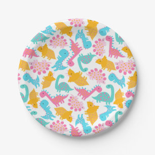 Assiettes En Carton Motif Dinosaur rose et Turquoise