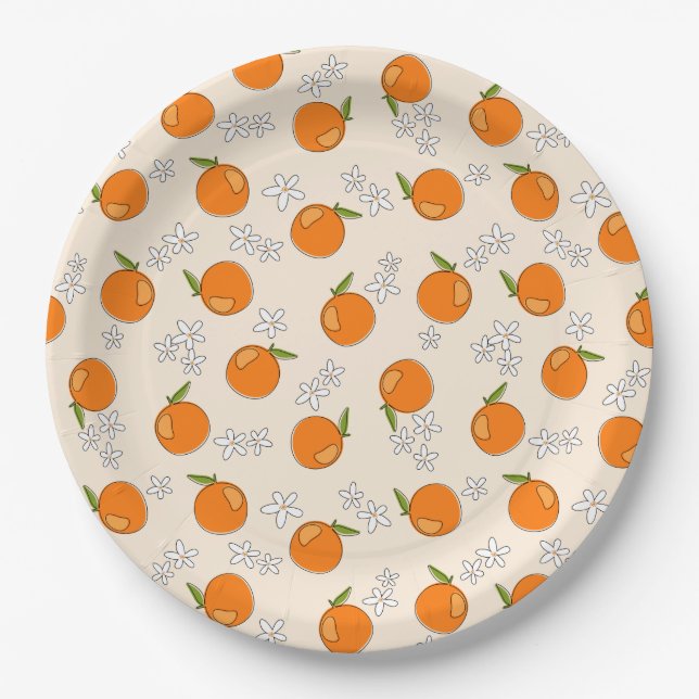 Assiettes En Carton Motif d'oranges et de fleurs (Devant)