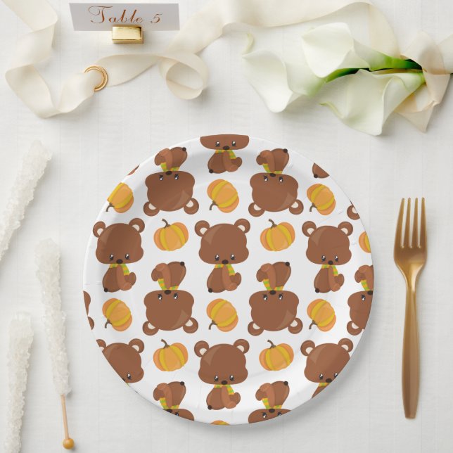 Assiettes En Carton Motif D'Ours, Ours Mignons, Automne, Citrouille (Mariage)