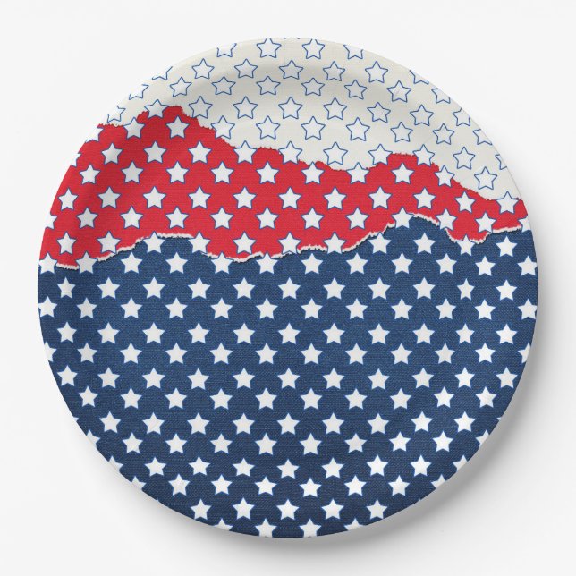 Assiettes En Carton Motif du drapeau américain Red White & Blue Stars (Devant)