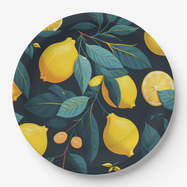 Assiettes En Carton Motif du jardin de citron. Agrumes tropicaux jaune (Devant)
