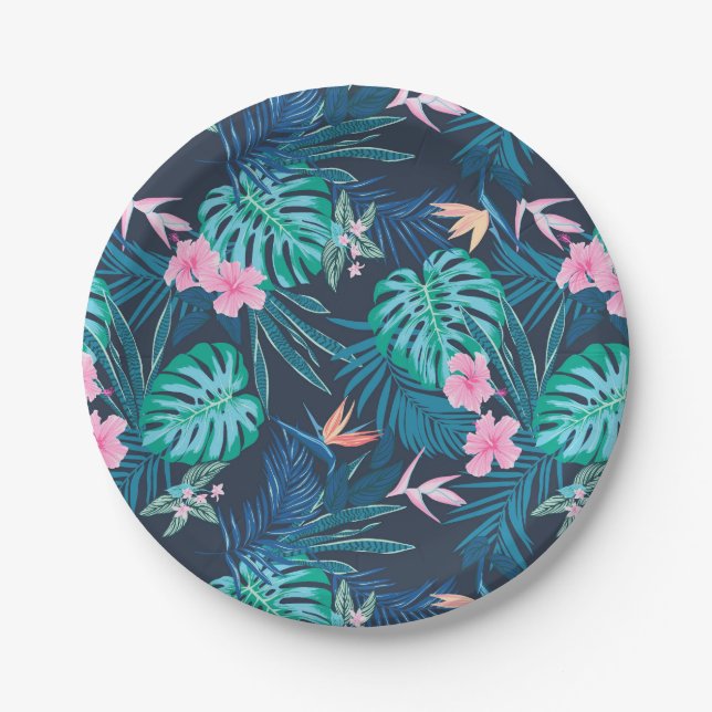 Assiettes En Carton Motif du Jardin des Fleurs Tropicales Bleues (Devant)