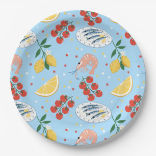 Assiettes En Carton Motif du marché de fruits de mer méditerranéens (5