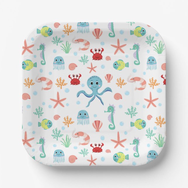 Assiettes En Carton Motif du monde marin (Recto)