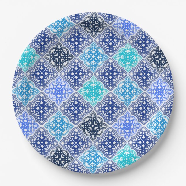 Assiettes En Carton Motif en carrelage marocain peint en bleu (Devant)