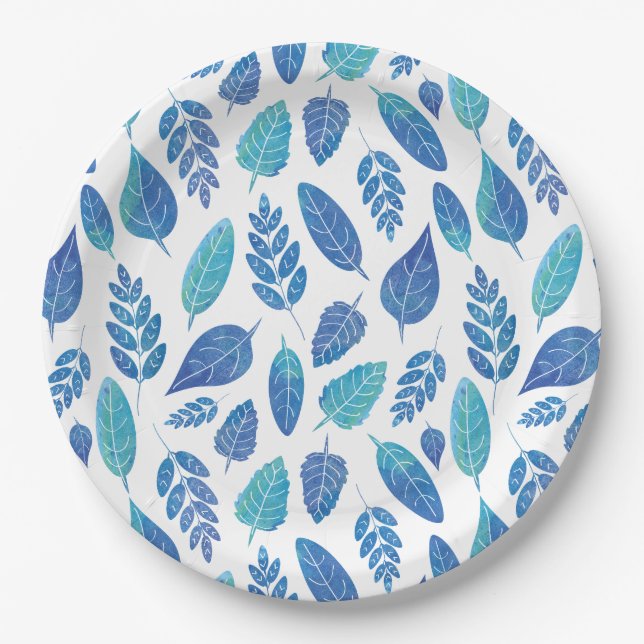 Assiettes En Carton Motif Feuille bleu aquarelle (Devant)
