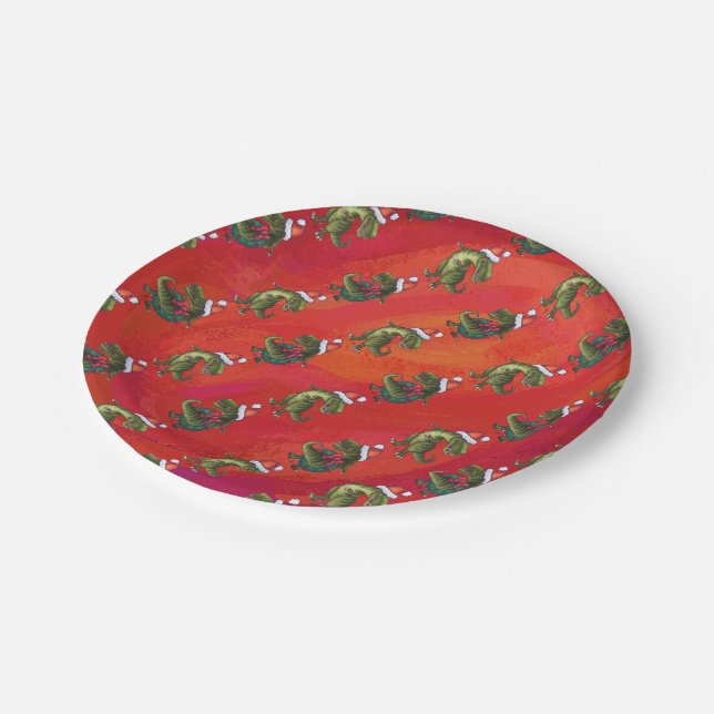 Assiettes En Carton Motif Fextive TRex Dino sur rouge (Angle)
