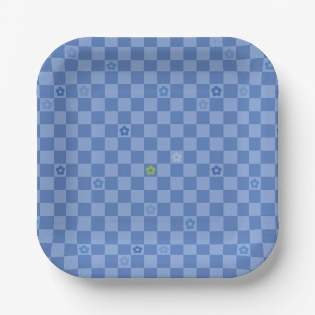 Assiettes En Carton Motif Fleur à Damier N° 01 - Bleu Clair (Recto)