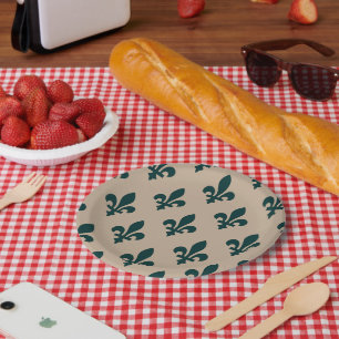Assiettes En Carton Motif Fleur de Lis, Vert Royal Français sur Crème