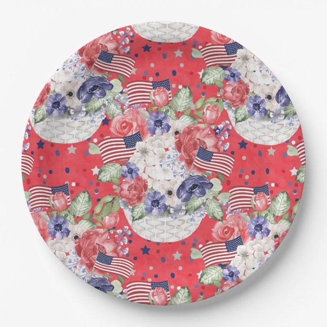 Assiettes En Carton Motif floral aquarelle unique et drapeau américain (Devant)