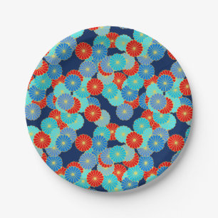 Assiettes En Carton Motif floral Art Déco - bleu, turquoise et rouge