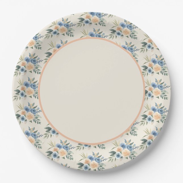 Assiettes En Carton Motif floral bleu et blanc (Devant)