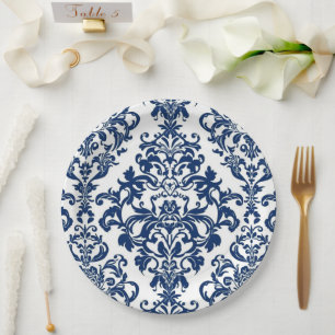 Assiettes En Carton Motif floral damassé élégant victorien bleu marine