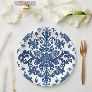 Assiettes En Carton Motif floral damassé élégant victorien bleu marine