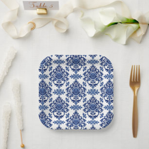 Assiettes En Carton Motif floral damassé élégant victorien bleu marine