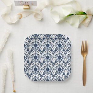Assiettes En Carton Motif floral damassé élégant victorien bleu marine