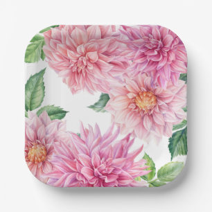 Assiettes En Carton Motif floral de dahlia à l'aquarelle rose blush