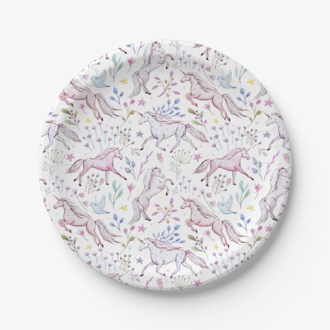 Assiettes En Carton Motif floral de licorne d'aquarelle (Devant)