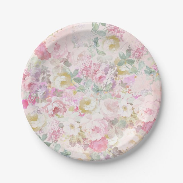Assiettes En Carton Motif floral de rétro aquarelle blanche rose chic (Devant)