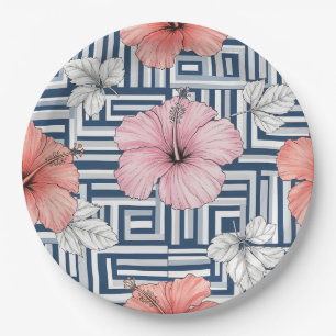 Assiettes En Carton Motif floral d'hibiscus bleu élégant (12)