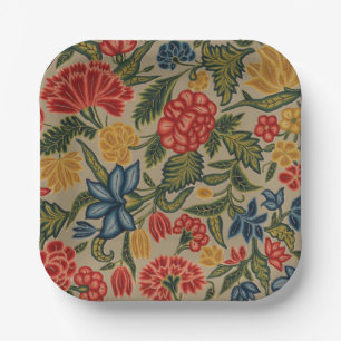 Assiettes En Carton Motif floral en broderie laine vintage rouge et or