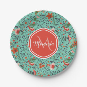 Assiettes En Carton Motif floral en Monogramme Turquoise et orange et