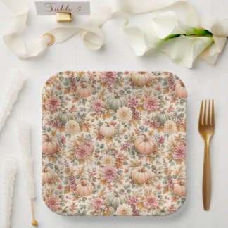 Assiettes En Carton Motif floral et citrouille Soft Harvest