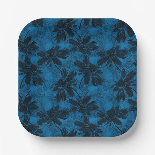Assiettes En Carton Motif floral gris et bleu. (Recto)