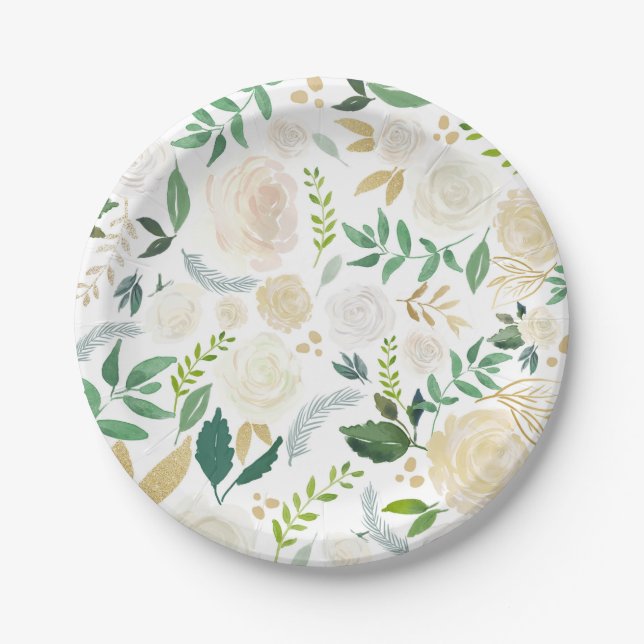 Assiettes En Carton Motif floral ivoire doux avec verdure blanche (Devant)