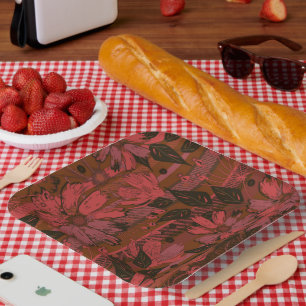 Assiettes En Carton Motif floral noir et rouge.