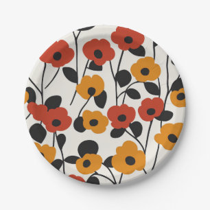 Assiettes En Carton Motif floral rétro en gras rouge, orange et noir