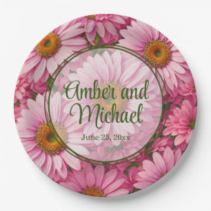 Assiettes En Carton Motif floral rétro rose avec des marguerites