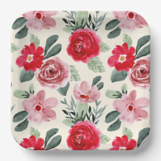 Assiettes En Carton Motif floral rouge et rose