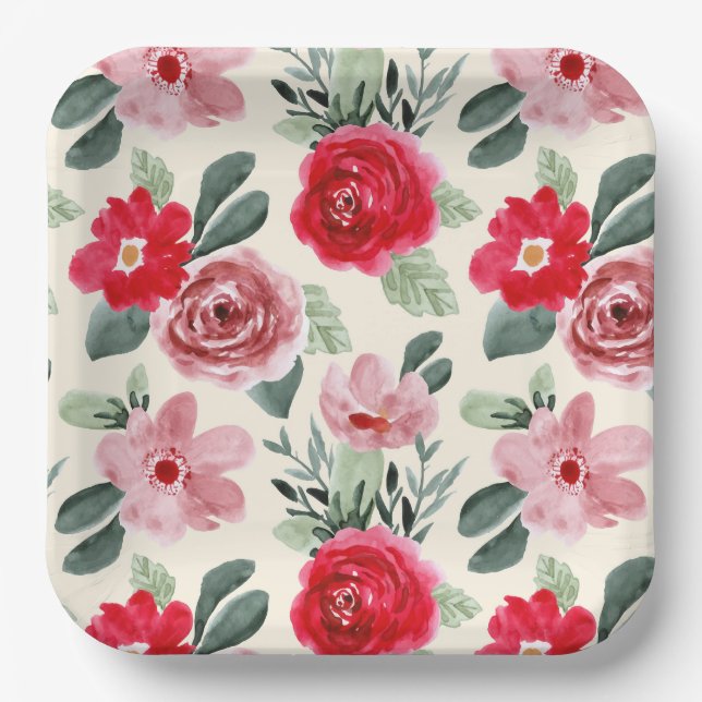 Assiettes En Carton Motif floral rouge et rose (Recto)
