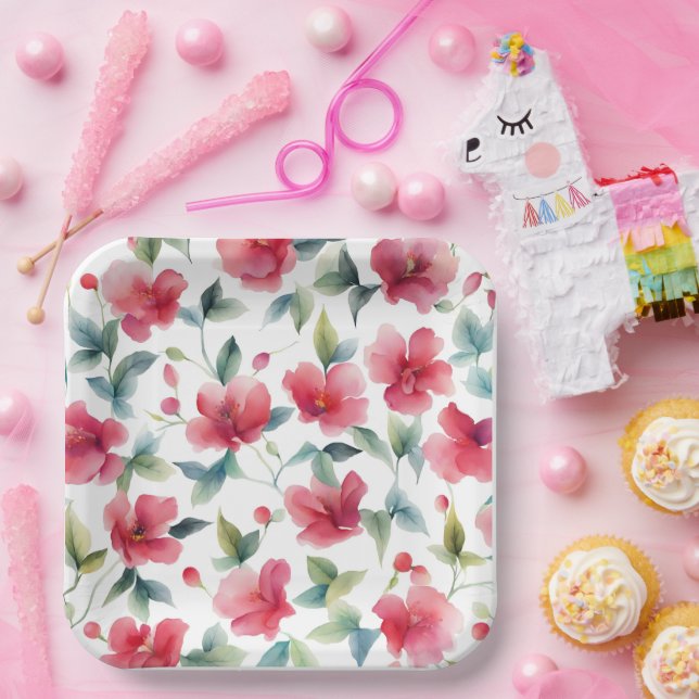 Assiettes En Carton Motif floral rouge foncé (Fête)