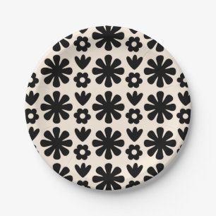 Assiettes En Carton Motif floral scandinave rétro noir & crème