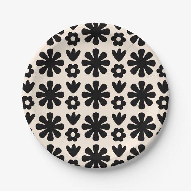 Assiettes En Carton Motif floral scandinave rétro noir & crème (Devant)