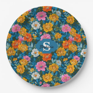 Assiettes En Carton Motif floral Vintage rustique coloré en bleu (2)
